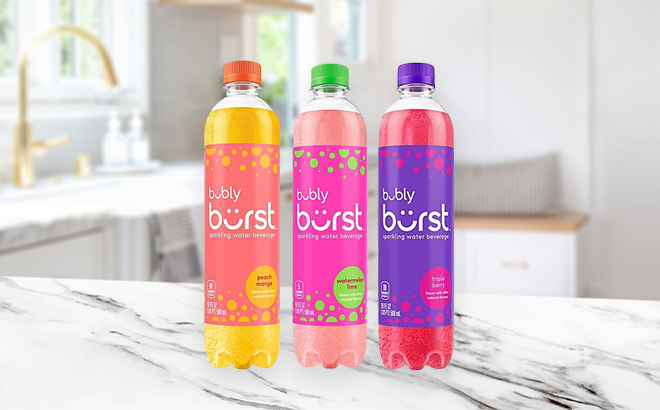 Three Bubly Burst Sparking Water Bottles in the Kitchen