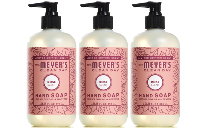 Three Mrs Meyers Clean Day Liquid Hand Soaps in the Scent Rose Three Mrs Meyers Clean Day Liquid Hand Soaps in the Scent Rose