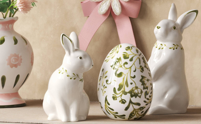 Threshold Painted Ceramic Easter Egg Sitting Bunny and Standing Bunny