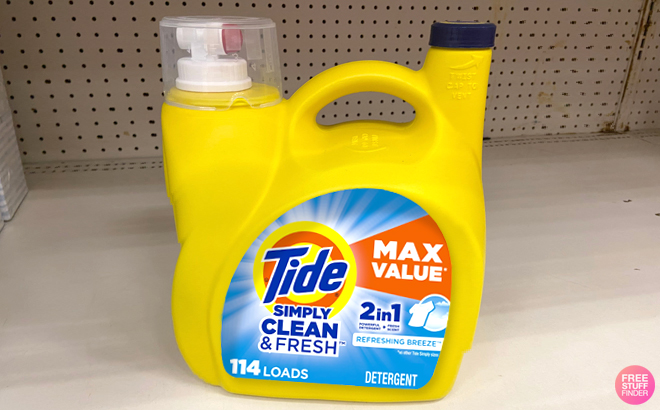 Tide 114 Loads Simply Clean & Fresh Liquid Laundry Detergent on a Shelf