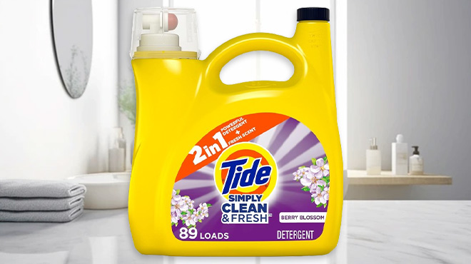 Tide 89 Loads Simply Clean & Fresh Liquid Laundry Detergent on a Table