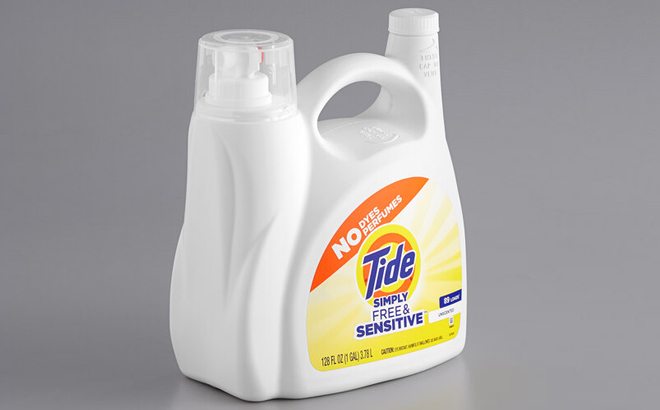 Tide 89-Loads Simply Free & Sensitive Liquid Laundry Detergent on a Gray Background