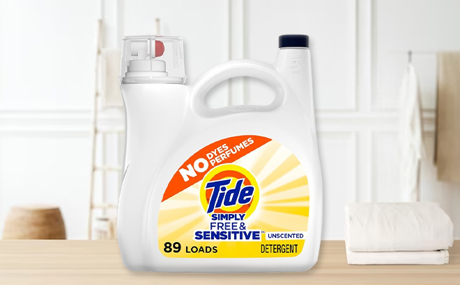 Tide 89 Loads Simply Free Sensitive Liquid Laundry Detergent on a Table