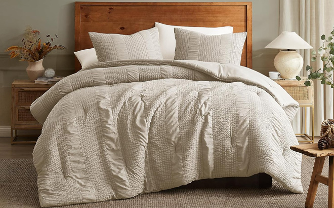 Twin Size Comforter Set in Beige Color on the Bed