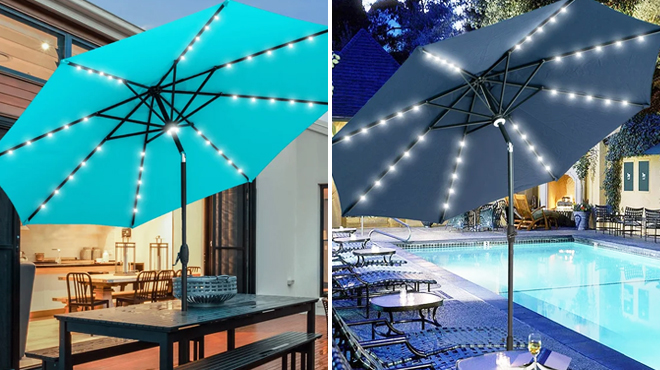 Two 10 Foot Solar Patio Umbrellasin Blue and Navy Blue Colors