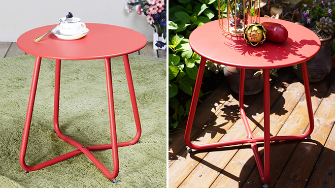 Two Images of Round Outdoor Coffee Table in Red Color