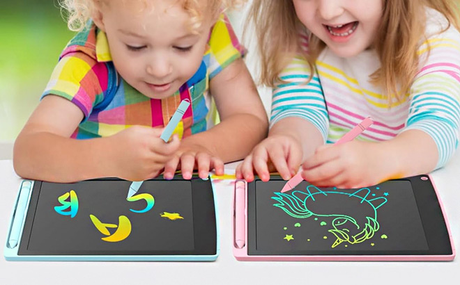 Two Kids Playing with LCD Writing Tablets