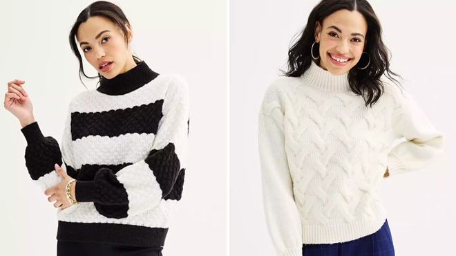 Two People Wearing Nine West Cozy Mock Neck Pullover Sweaters