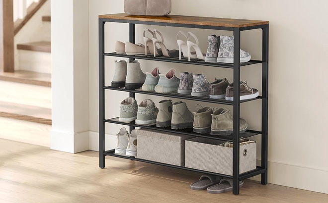 VASAGLE Shoe Rack 5 Tier Shoe Storage Organizer with 4 Metal Mesh Shelves for 16 20 Pairs and Large Surface for Bags