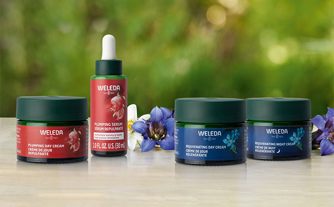 Weledas Age Performance Facial Care Product Line on a Table