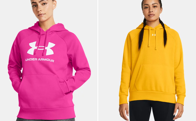 Women wearing Under Armour Womens Rival Fleece Big Logo Hoodie on the left and Under Armour Womens Rival Fleece Hoodie on the right