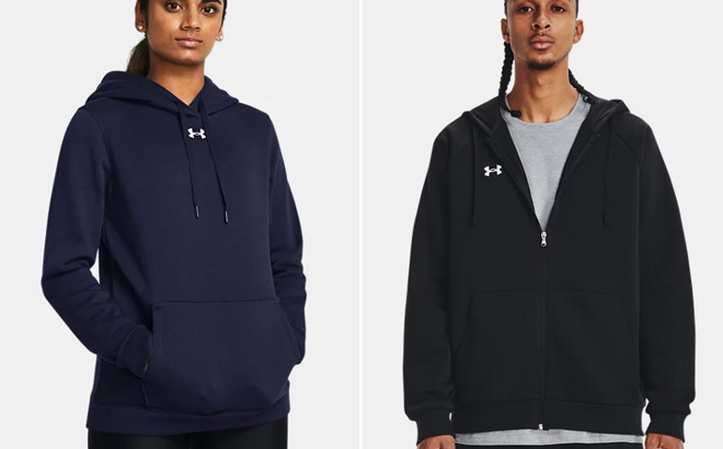 Womens Wearing Under Armour Womens UA Hustle Fleece Hoodie on the left and a Man Wearing Under Armour Mens UA Rival Fleece Full Zip Hoodie on the Right
