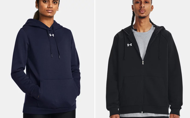Womens Wearing Under Armour Womens UA Hustle Fleece Hoodie on the left and a Man Wearing Under Armour Mens UA Rival Fleece Full Zip Hoodie on the Right Womens Wearing Under Armour Womens UA Hustle Fleece Hoodie on the left and a Man Wearing Under Armour Mens UA Rival Fleece Full Zip Hoodie on the Right