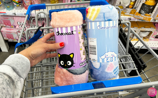a Person Touching Hello Kitty Friends Choco Cat Connamoroll Silk Towels in Cart