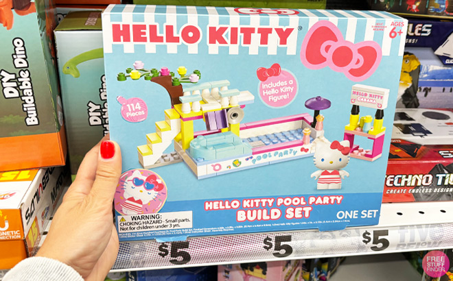 a Person Touching Hello Kitty Friends Pool Party Build Set on Store Shelf