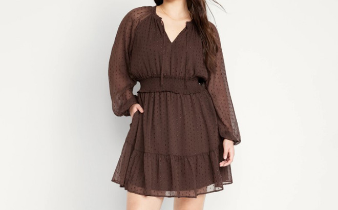 a Person Wearing Old Navy Fit Flare Long Sleeve Mini Dress