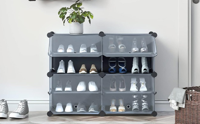 4 Cube 8 Tier Covered Shoe Rack Cabinet Grey