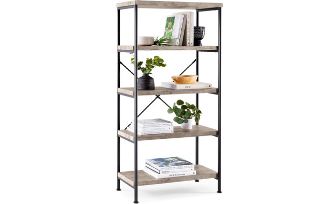 5 Tier Industrial Bookshelf with Metal Frame
