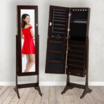 6 Tier Standing Jewelry Mirror Armoire with LED Lights in Brown