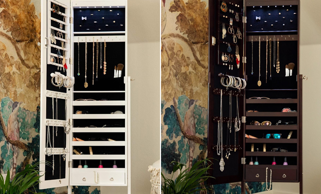 6 Tier Standing Jewelry Mirror Armoire with LED Lights in Brown and White 6 Tier Standing Jewelry Mirror Armoire with LED Lights in Brown and White