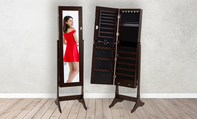 6 Tier Standing Jewelry Mirror Armoire with LED Lights in Brown