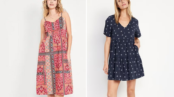 A Lady Wearing a Old Navy Waist Defined Cami Midi Dress on the Left and Lady Wearing a Old Navy V Neck Mini Swing Dress on the Right