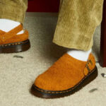 A Man Wearing Dr Martens Isham Faux Shearling Lined Suede Slingback Mules