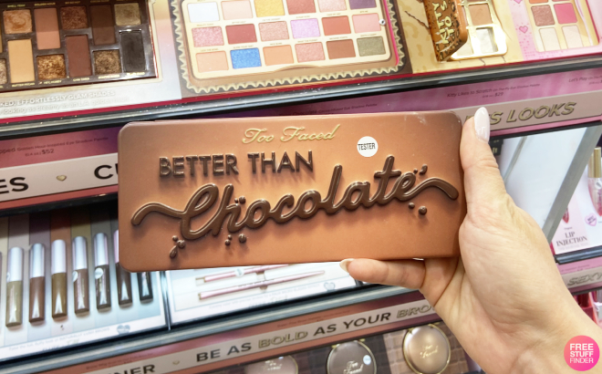 A Person Holding Too Faced Better Than Chocolate Eye Shadow Palette