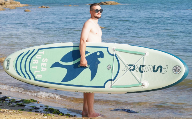 A Person Holding a FunWater Inflatable Paddle Board