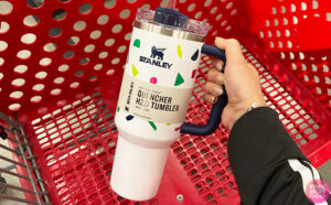 A Person Holding a Stanley 40 Ounce Stainless Steel Flowstate Quencher Tumbler in Abstract Geos Color