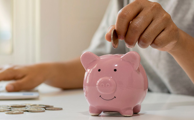 A Person Putting Cash in a Piggy Bank