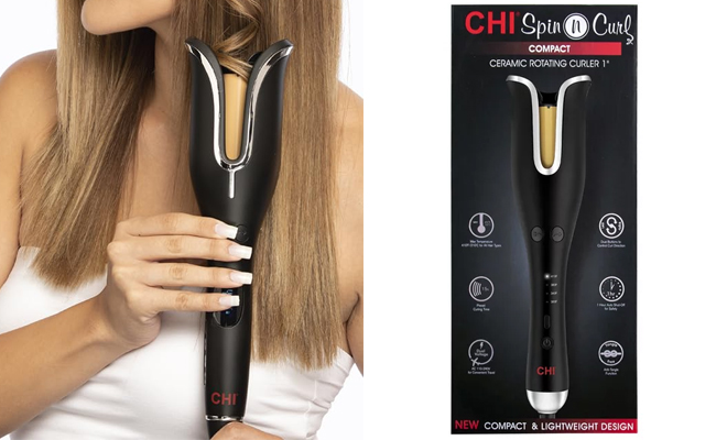 A Person Using the CHI Compact Spin N Curl Ceramic 1 Inch Rotating Curling Iron in the Color Matte Black