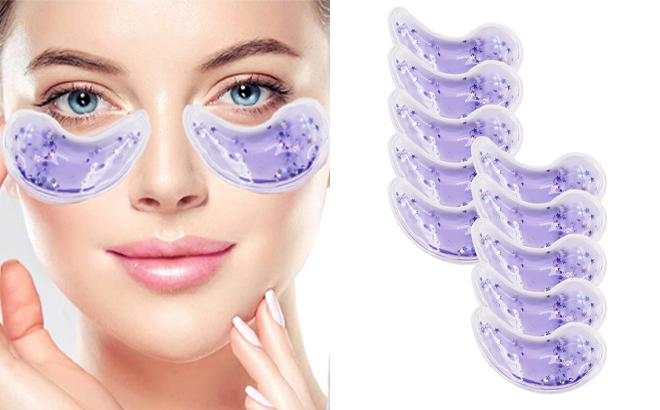 A Person Using the Gel Eye Pad Under the Eyes and a 4 Pack of Gel Eye Pads A Person Using the Gel Eye Pad Under the Eyes and a 4 Pack of Gel Eye Pads