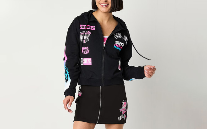 A Person Wearing Hello Kitty Zip Hoodie and Skirt