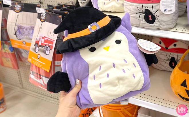 A Woman Holding Squishmallows Holly Owl Halloween Treat Pail Plush