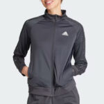 A Woman Wearing Adidas Essentials Animal Print Tricot 3 Stripes Track Jacket