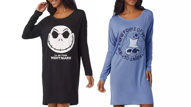 A Woman Wearing Disney Nightmare Before Christmas Long Sleeve Pajama Sleepshirt and Lilo & Stitch Pajama Sleepshirt