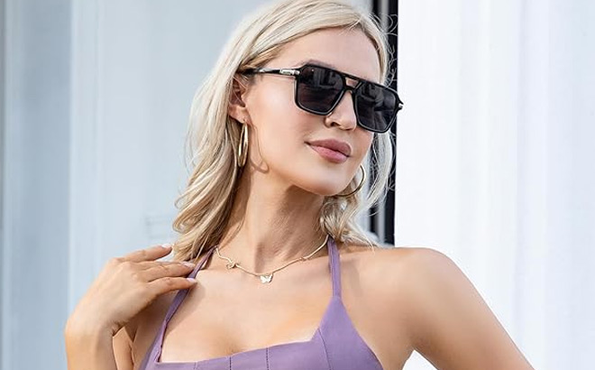 A Woman Wearing a Fozono Retro Aviator Sunglasses