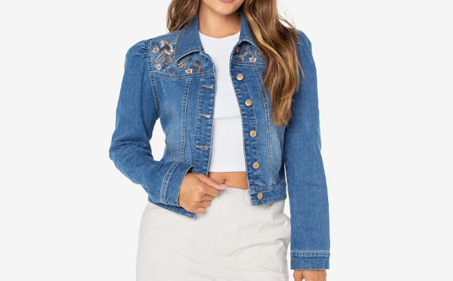 A photo showing Celebrity Pink Juniors Embroidered Denim Jacket