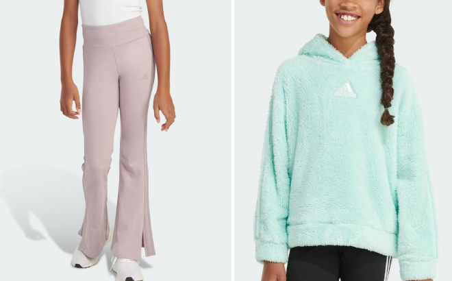 Adidas Girls Vented Flare Leg Pants and Cozy Furry Pullover Hoodie