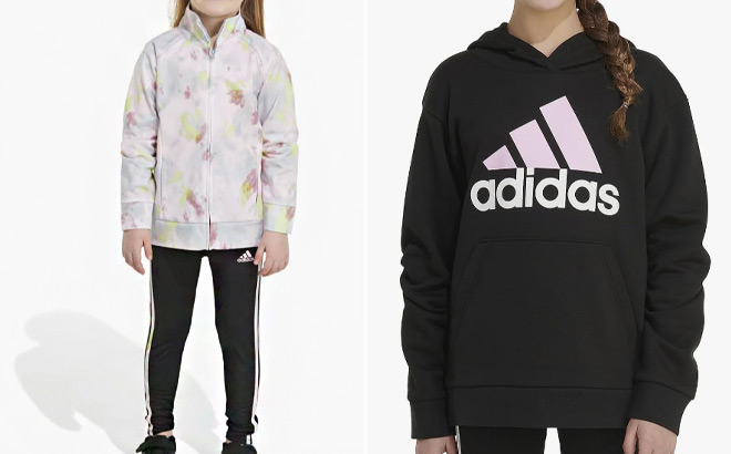 Adidas Toddler 2 Piece Long Sleeve Printed Set and Adidas Kids Long Sleeve Graphic Fleece Hooded Pullover