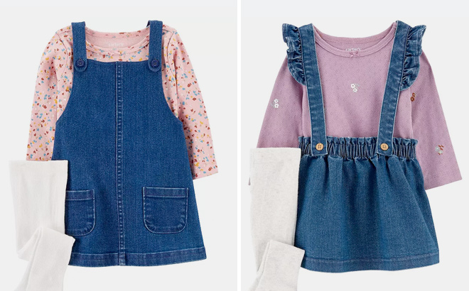 Baby Girl Carters 3 Piece Floral Pointelle Shirt Denim Jumper Tights Set
