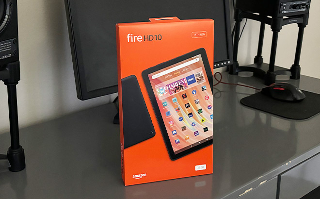 Box of Amazon Fire HD 10 Tablet on a Computer Dest