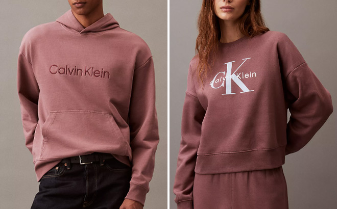 Calvin Klein Mens Relaxed Fit Standard Logo Hoodie and Womens Monogram Relaxed Crewneck Sweatshirt