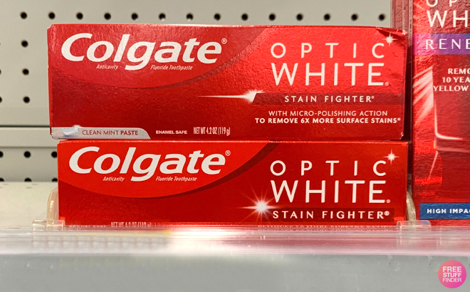 Colgate Optic White Stain Fighter Whitening Toothpaste on a Shelf