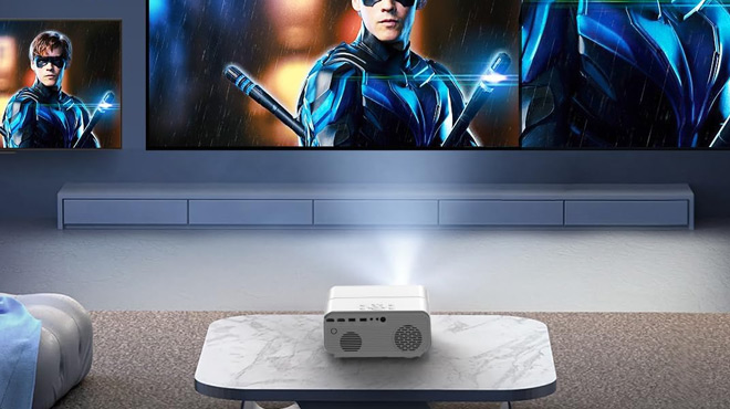 DBPower Projector 4K with WiFi Bluetooth Procecting a Super Hero Movie in the Living Room