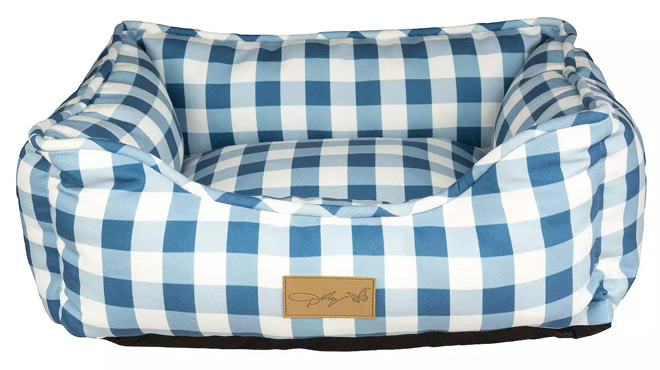 Doggy Parton Blue Rustic Checkered Dog Bed on White Background