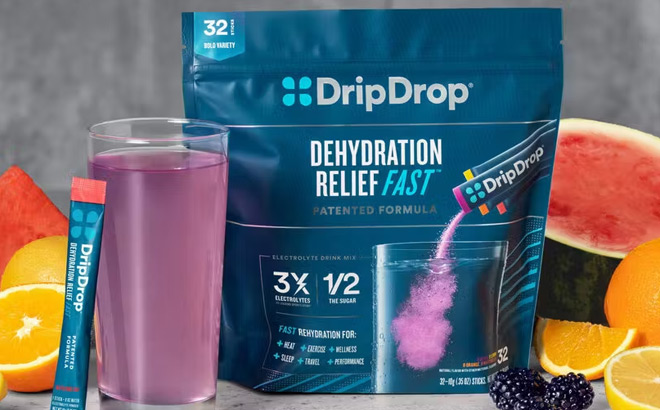 DripDrop Hydration Electrolyte Powder Packets on the Table