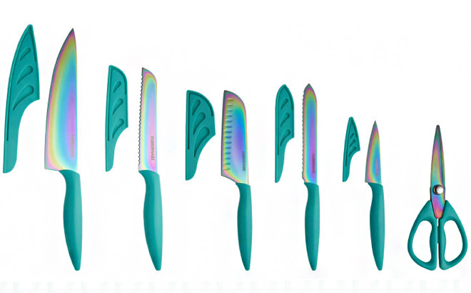 Farberware 11 piece Rainbow Iridescent Blades with Teal Handles Cutlery Set