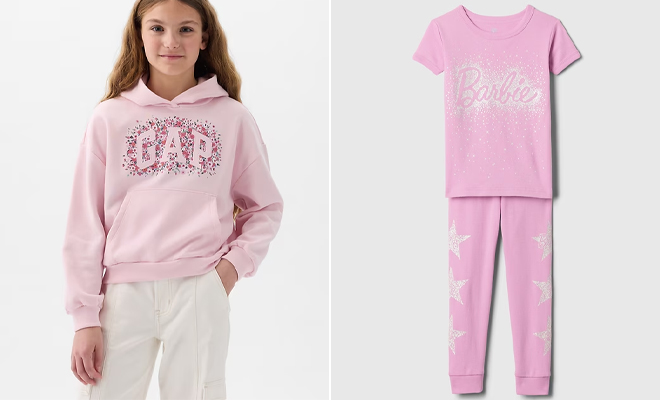 GAP Kids Embroidered Arch Logo Hoodie and Barbie Organic Cotton PJ Set